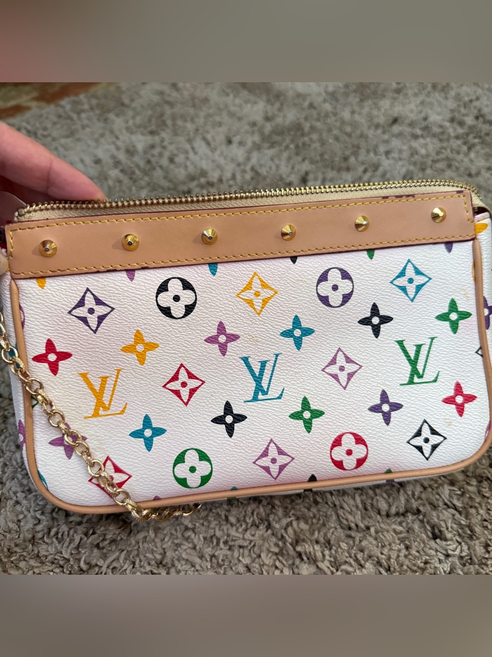 Designer inspired White Multicolor Monogram Mini Pochette with Natural Trim